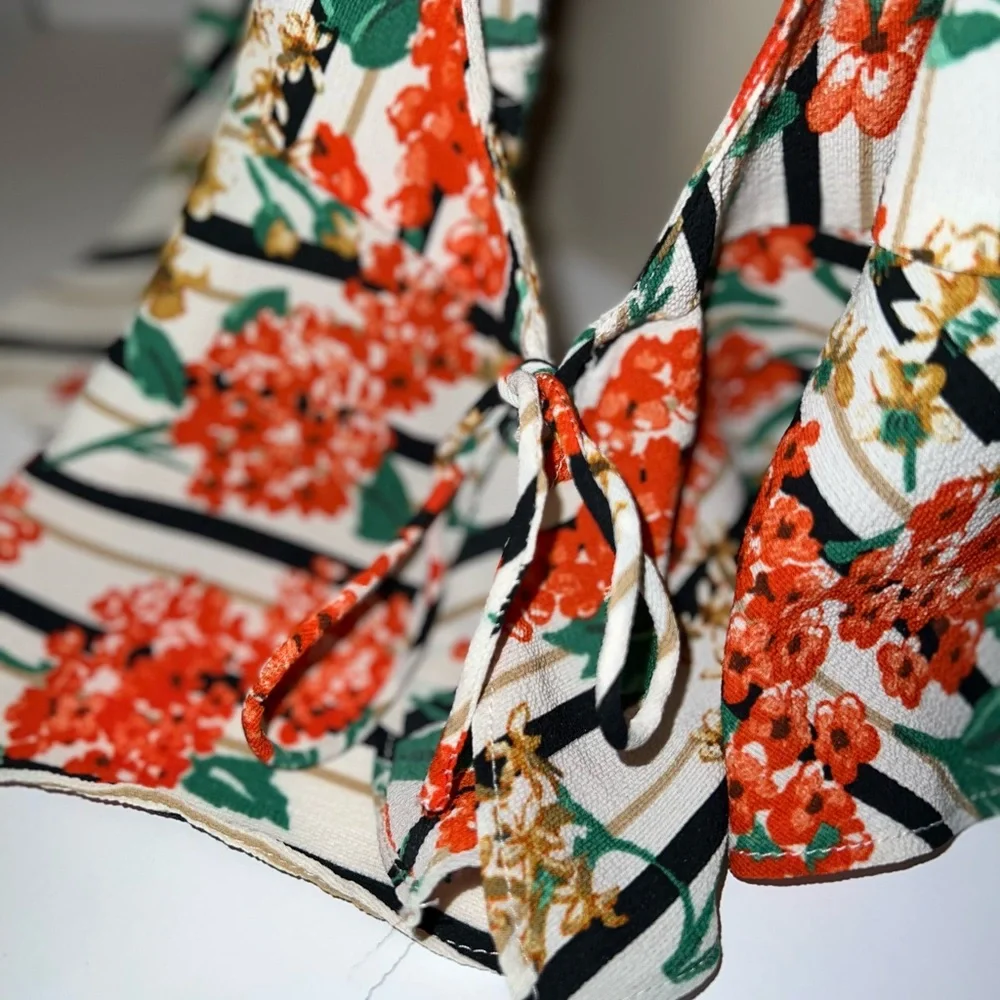 Zara Floral Striped Flowy Ruffled Tied Blouse - Picture 2 of 6